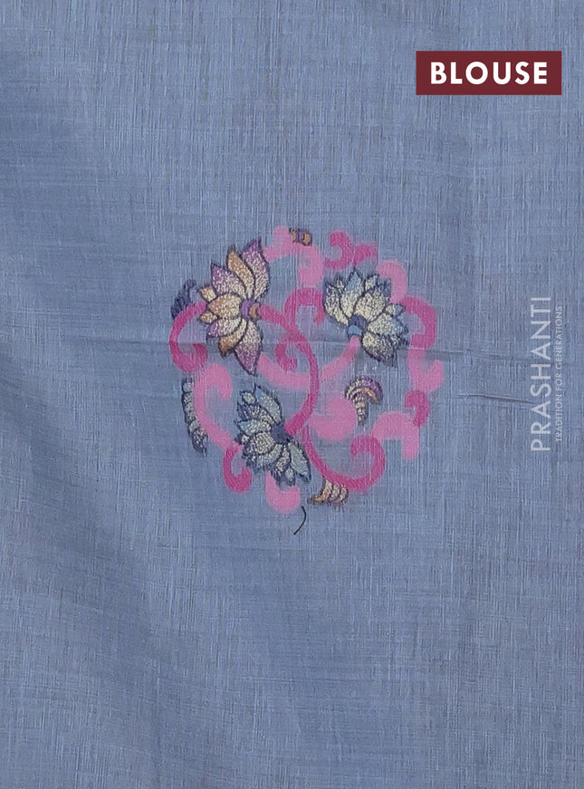 Munga cotton saree bluish grey with thread woven floral buttas and floral design pallu