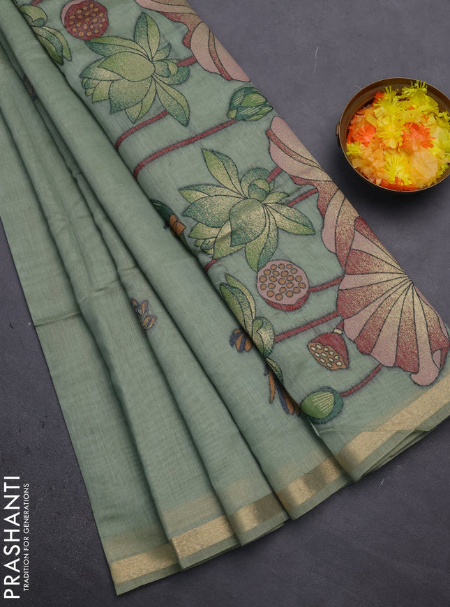 Munga cotton saree pastel green with thread woven floral buttas and floral design pallu