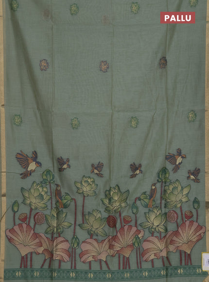 Munga cotton saree pastel green with thread woven floral buttas and floral design pallu