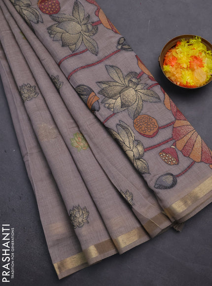 Munga cotton saree grey with thread woven floral buttas and floral design pallu