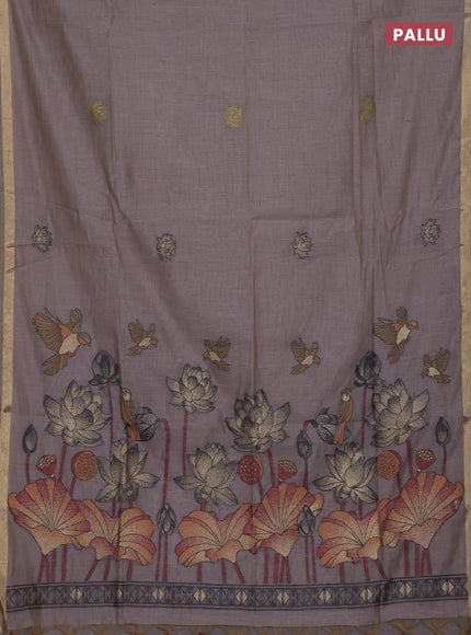 Munga cotton saree grey with thread woven floral buttas and floral design pallu