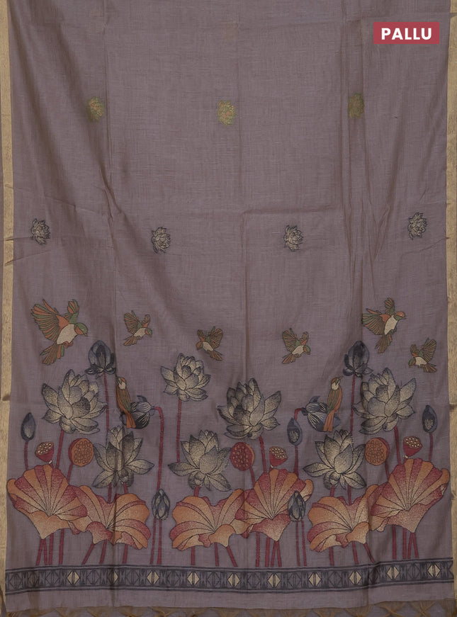 Munga cotton saree grey with thread woven floral buttas and floral design pallu