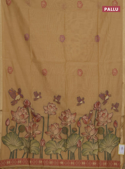 Munga cotton saree sandal with thread woven floral buttas and floral design pallu