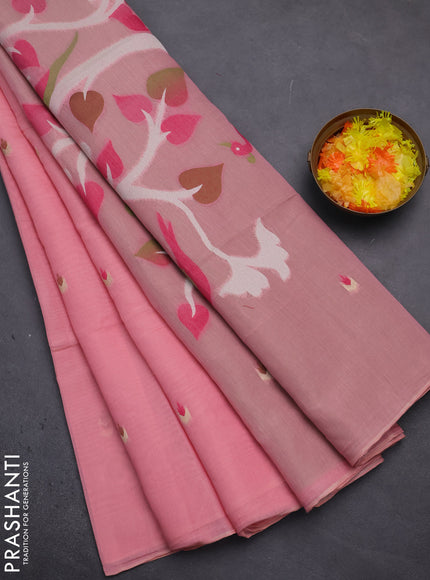 Munga cotton saree peach pink and green with thread woven buttas and thread weaving pallu