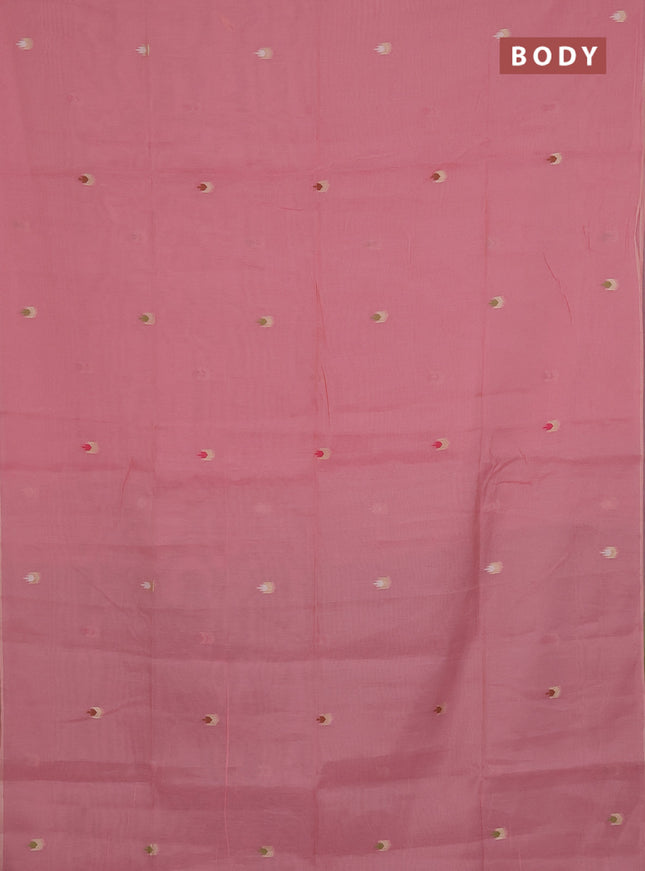 Munga cotton saree peach pink and green with thread woven buttas and thread weaving pallu