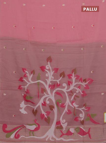 Munga cotton saree peach pink and green with thread woven buttas and thread weaving pallu