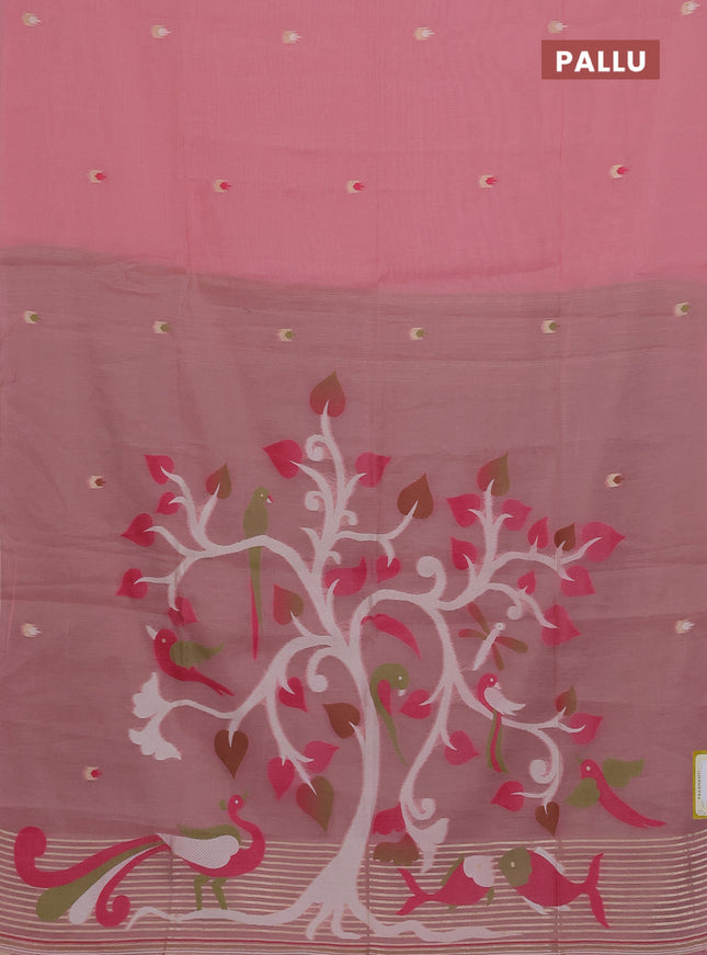 Munga cotton saree peach pink and green with thread woven buttas and thread weaving pallu