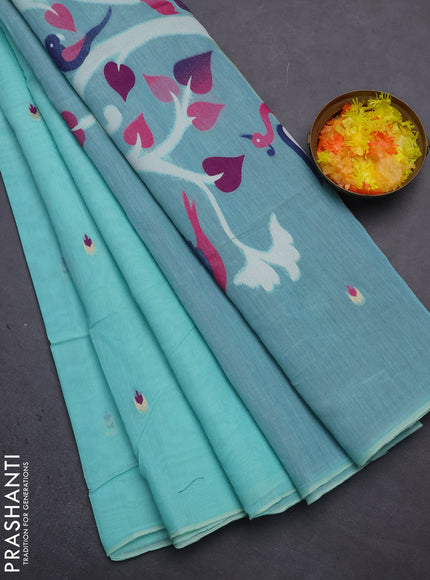 Munga cotton saree teal blue and dark blue with thread woven buttas and thread weaving pallu