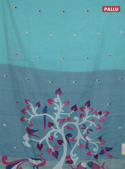 Munga cotton saree teal blue and dark blue with thread woven buttas and thread weaving pallu