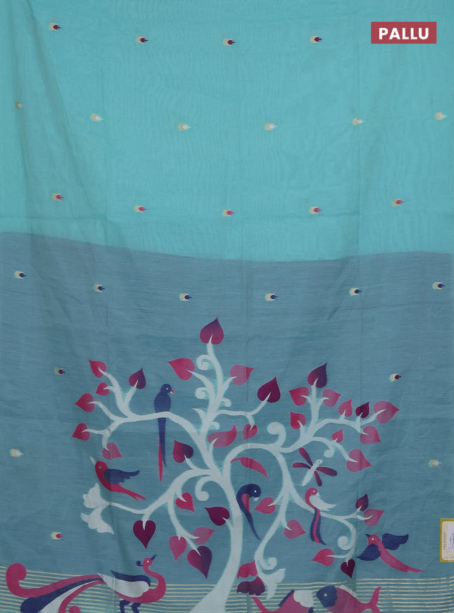 Munga cotton saree teal blue and dark blue with thread woven buttas and thread weaving pallu