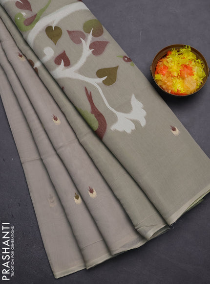 Munga cotton saree grey and green with thread woven buttas and thread weaving pallu