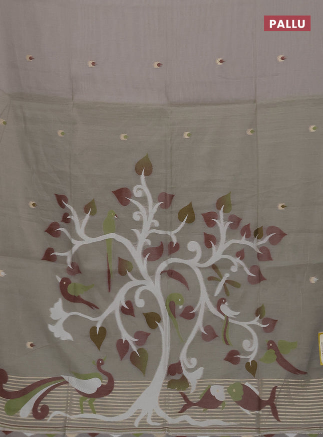 Munga cotton saree grey and green with thread woven buttas and thread weaving pallu