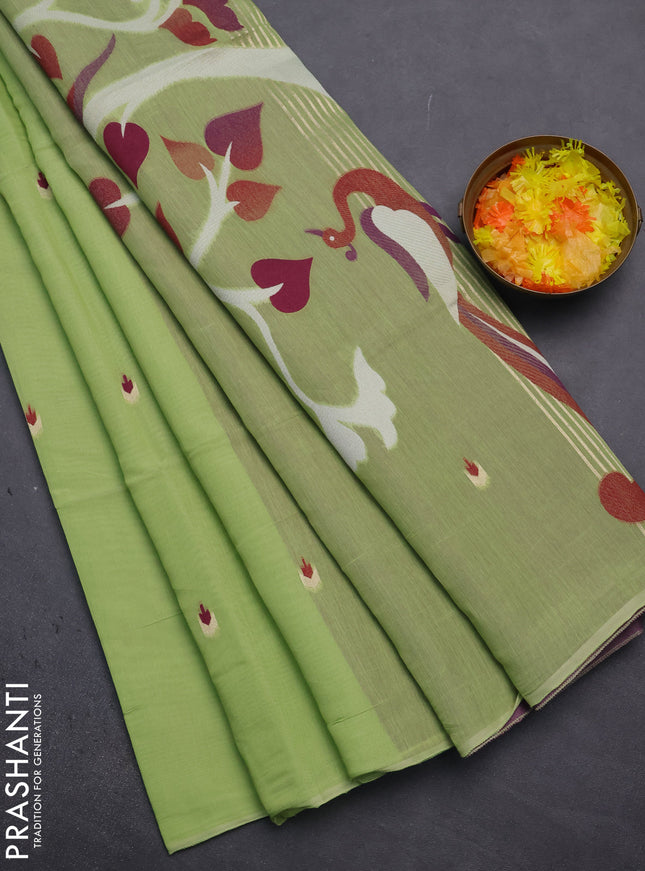 Munga cotton saree light green and purple with thread woven buttas and thread weaving pallu