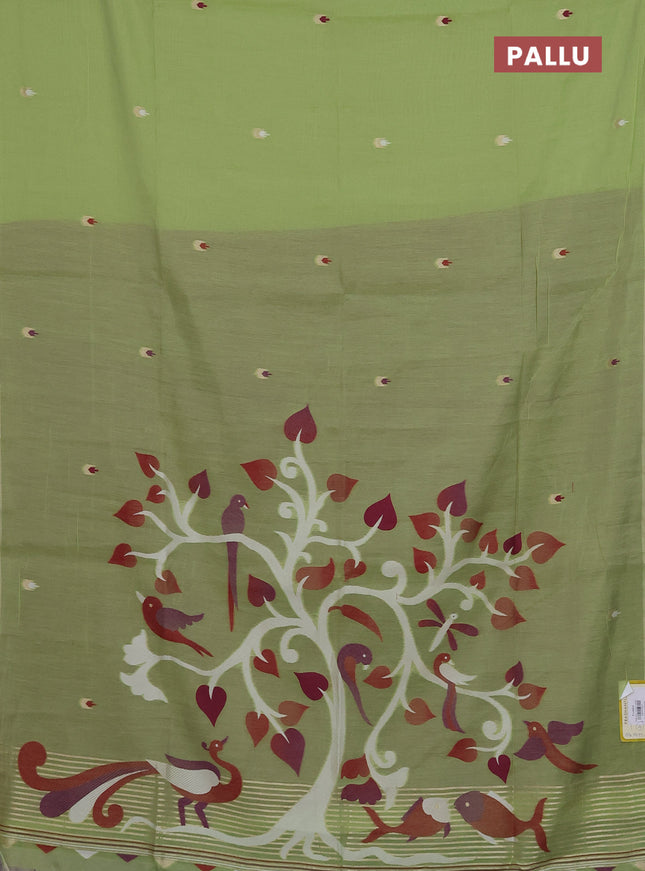 Munga cotton saree light green and purple with thread woven buttas and thread weaving pallu