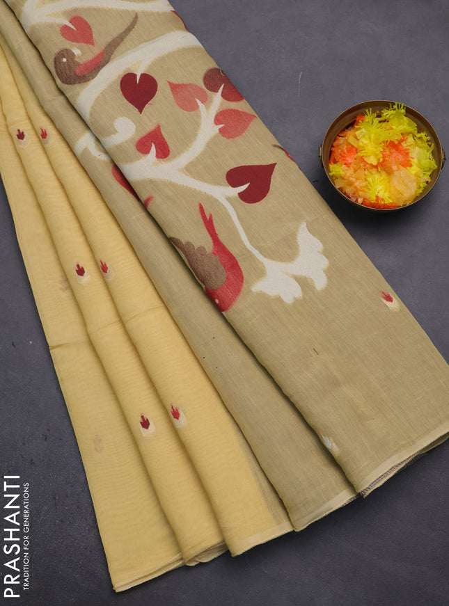 Munga cotton saree pale yellow and brown with thread woven buttas and thread weaving pallu