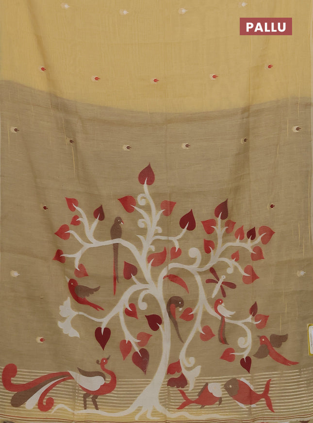 Munga cotton saree pale yellow and brown with thread woven buttas and thread weaving pallu