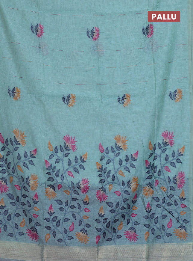 Munga cotton saree pastel blue and pink with woven buttas and thread weaving pallu