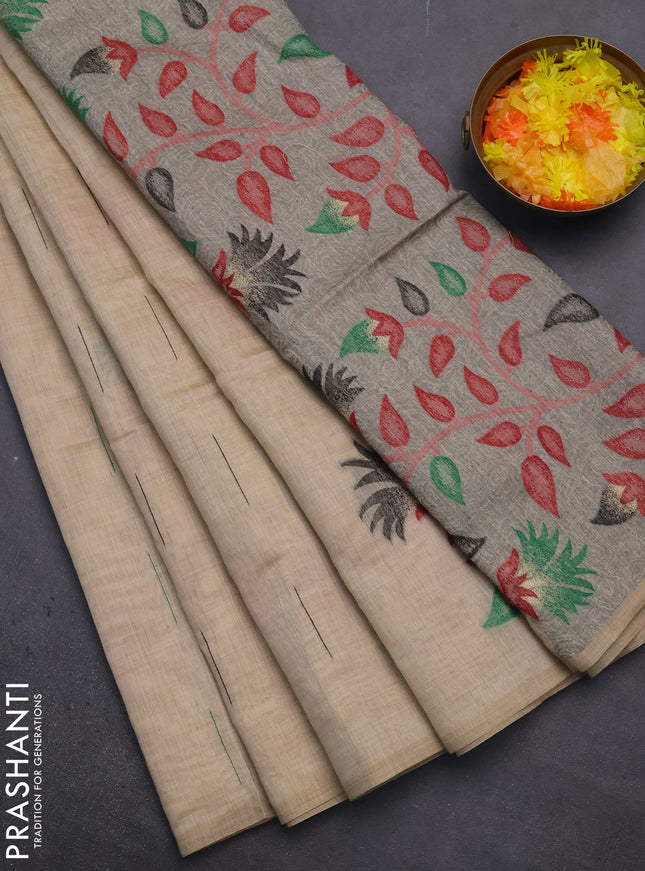 Munga cotton saree beige and green with woven buttas and thread weaving pallu