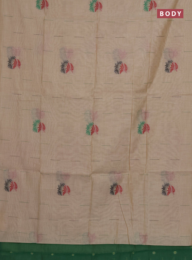 Munga cotton saree beige and green with woven buttas and thread weaving pallu