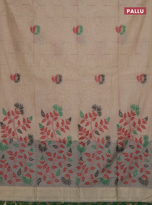 Munga cotton saree beige and green with woven buttas and thread weaving pallu