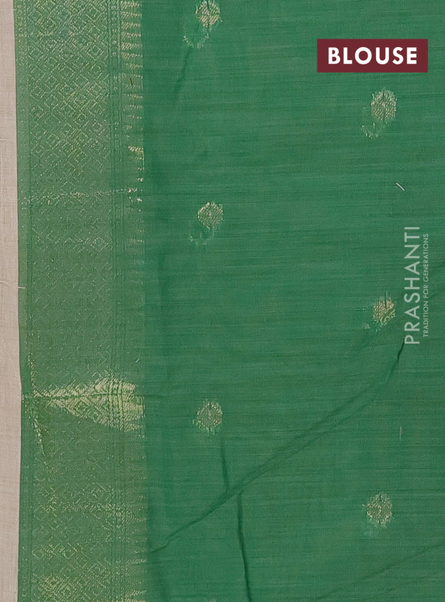 Munga cotton saree beige and green with woven buttas and thread weaving pallu