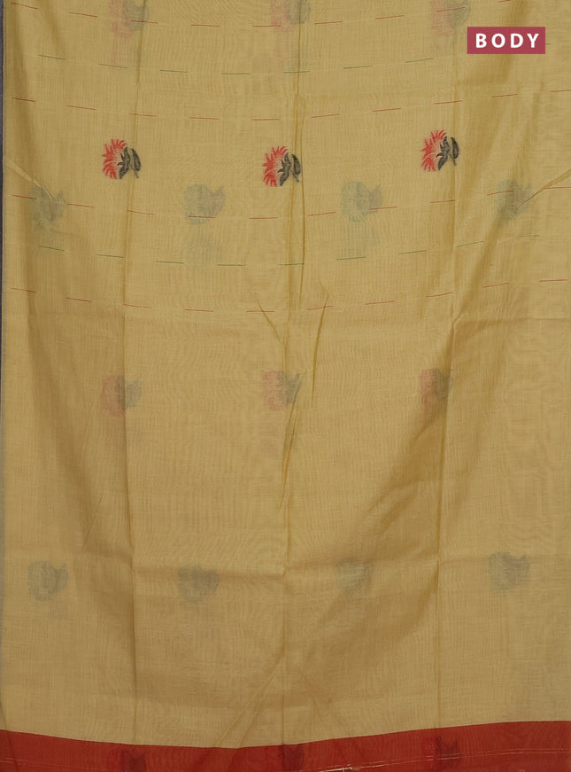 Munga cotton saree yellow and red with woven buttas and thread weaving pallu