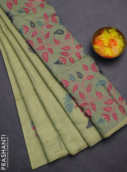 Munga cotton saree pista green and navy blue with woven buttas and thread weaving pallu