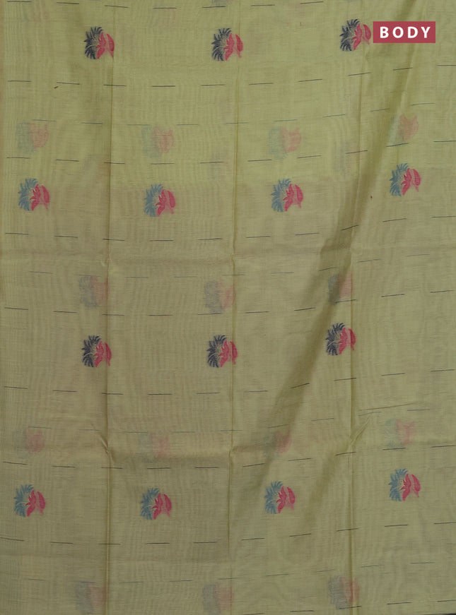 Munga cotton saree pista green and navy blue with woven buttas and thread weaving pallu