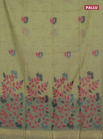 Munga cotton saree pista green and navy blue with woven buttas and thread weaving pallu