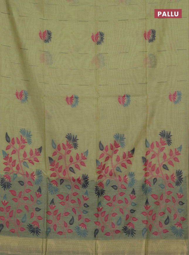 Munga cotton saree pista green and navy blue with woven buttas and thread weaving pallu