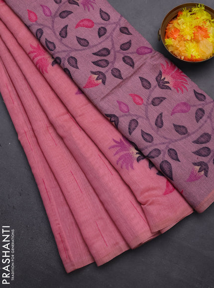 Munga cotton saree peach pink and pink with woven buttas and thread weaving pallu