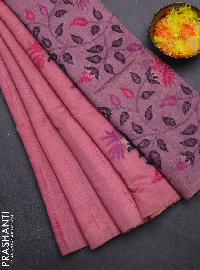 Munga cotton saree peach pink and pink with woven buttas and thread weaving pallu