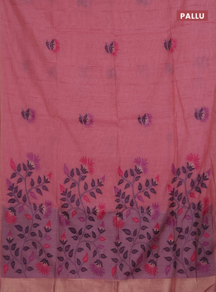 Munga cotton saree peach pink and pink with woven buttas and thread weaving pallu