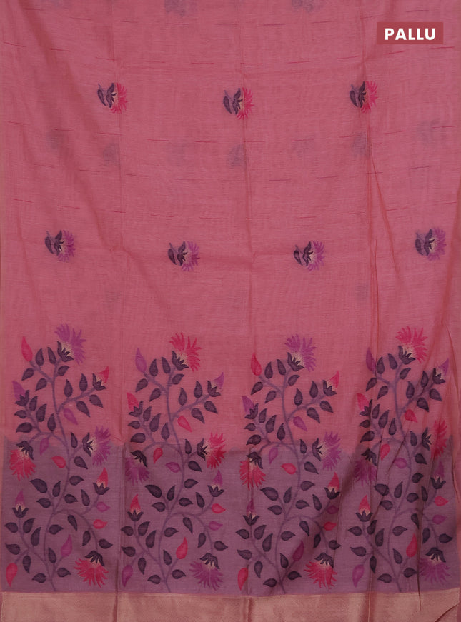 Munga cotton saree peach pink and pink with woven buttas and thread weaving pallu