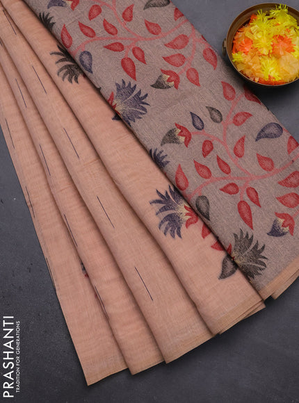 Munga cotton saree peach shade and black with woven buttas and thread weaving pallu