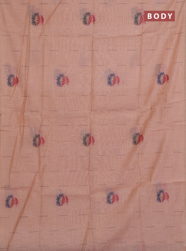Munga cotton saree peach shade and black with woven buttas and thread weaving pallu