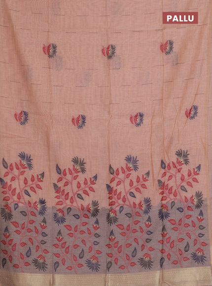 Munga cotton saree peach shade and black with woven buttas and thread weaving pallu