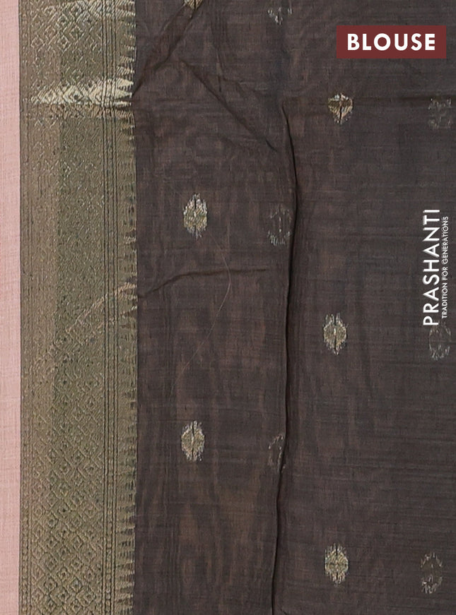 Munga cotton saree peach shade and black with woven buttas and thread weaving pallu