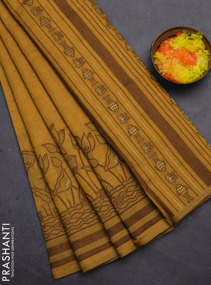 Munga cotton saree mustard yellow with zari woven buttas in borderless style