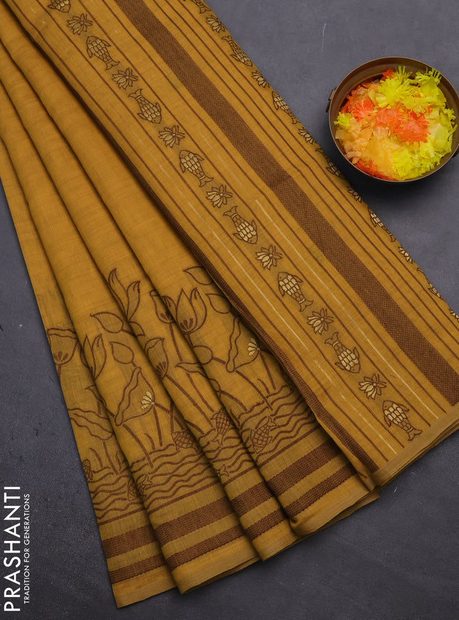 Munga cotton saree mustard yellow with zari woven buttas in borderless style