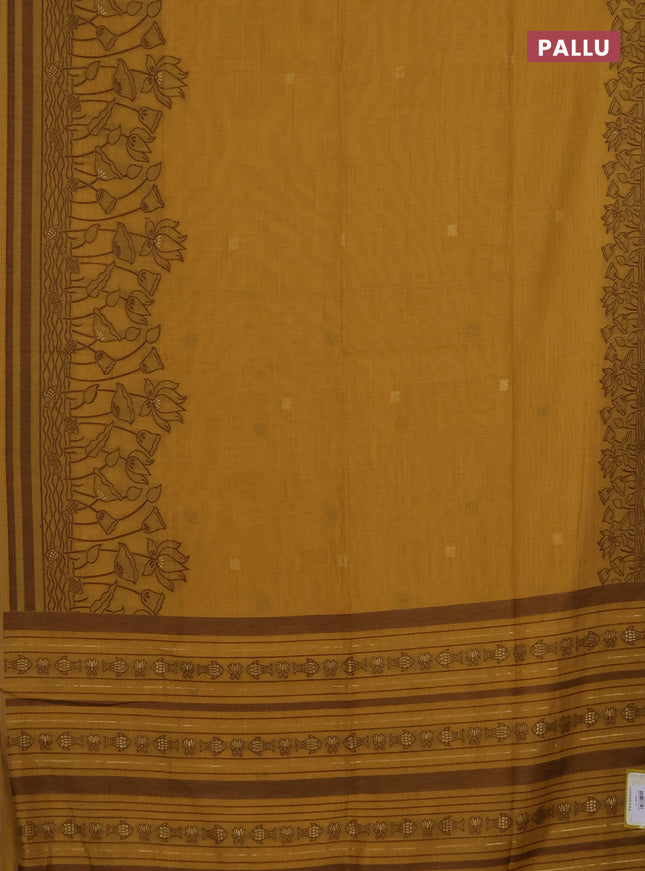 Munga cotton saree mustard yellow with zari woven buttas in borderless style