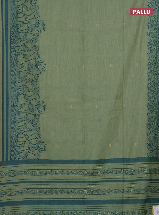 Munga cotton saree pastel green with zari woven buttas in borderless style