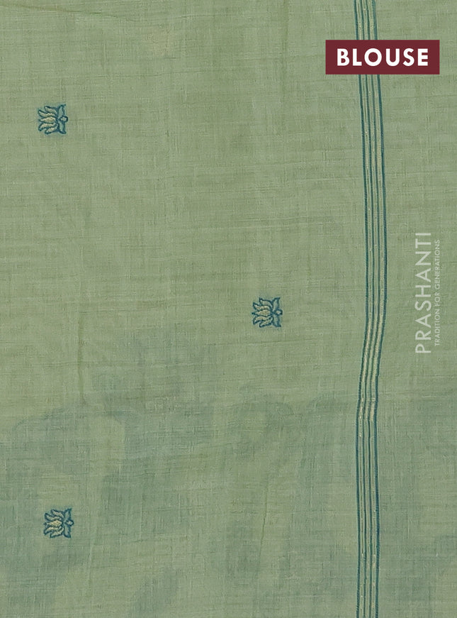 Munga cotton saree pastel green with zari woven buttas in borderless style