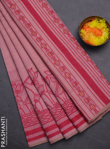 Munga cotton saree peach pink with zari woven buttas in borderless style