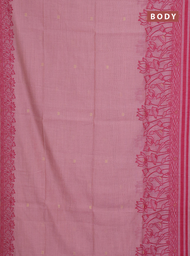 Munga cotton saree peach pink with zari woven buttas in borderless style