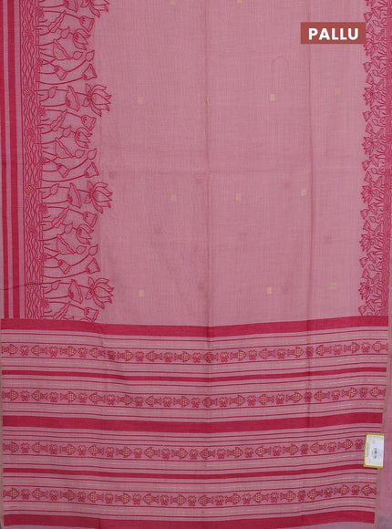 Munga cotton saree peach pink with zari woven buttas in borderless style