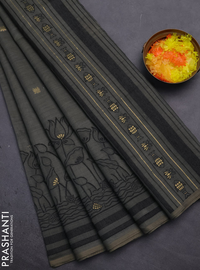 Munga cotton saree elephant grey with zari woven buttas in borderless style