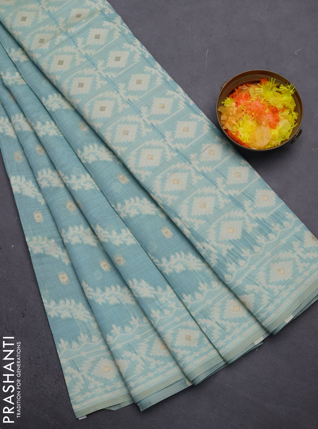 Munga cotton saree teal blue with allover thread weaves & buttas and woven border