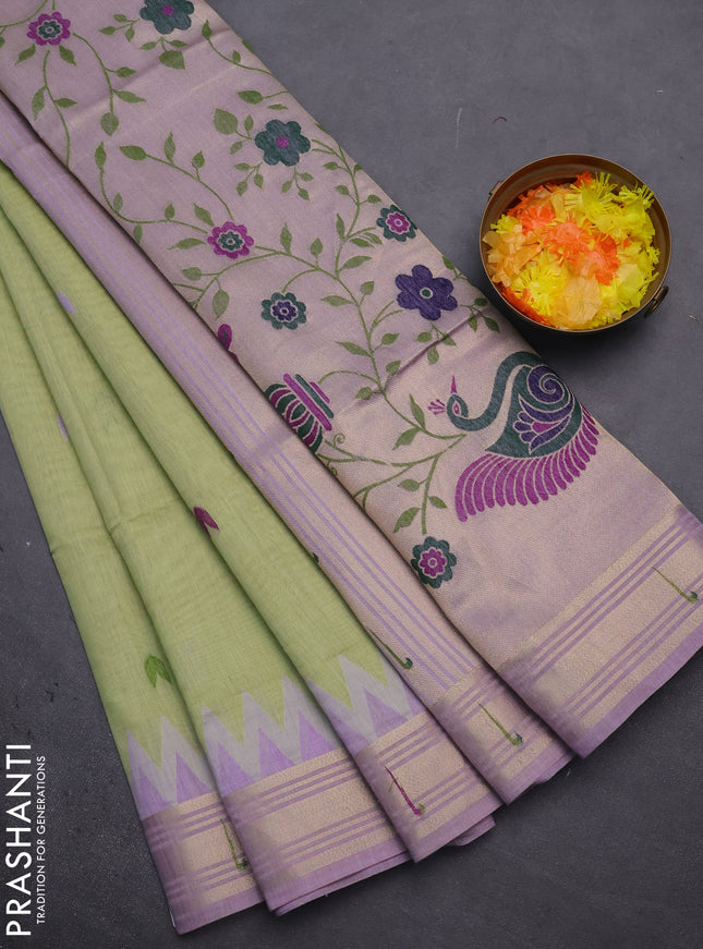 Munga cotton saree pista green and lavender with thread woven buttas and zari woven paithani design pallu