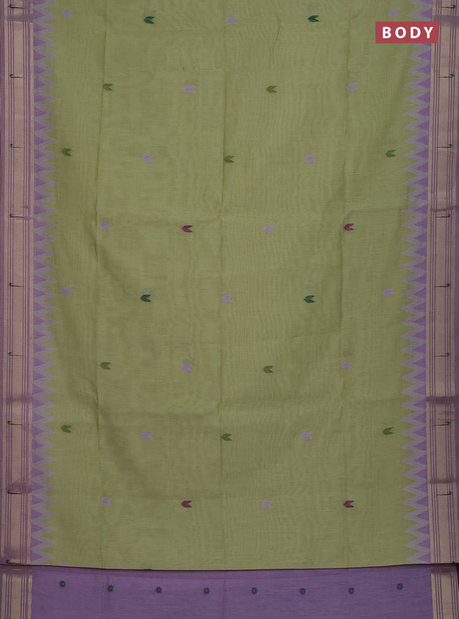 Munga cotton saree pista green and lavender with thread woven buttas and zari woven paithani design pallu